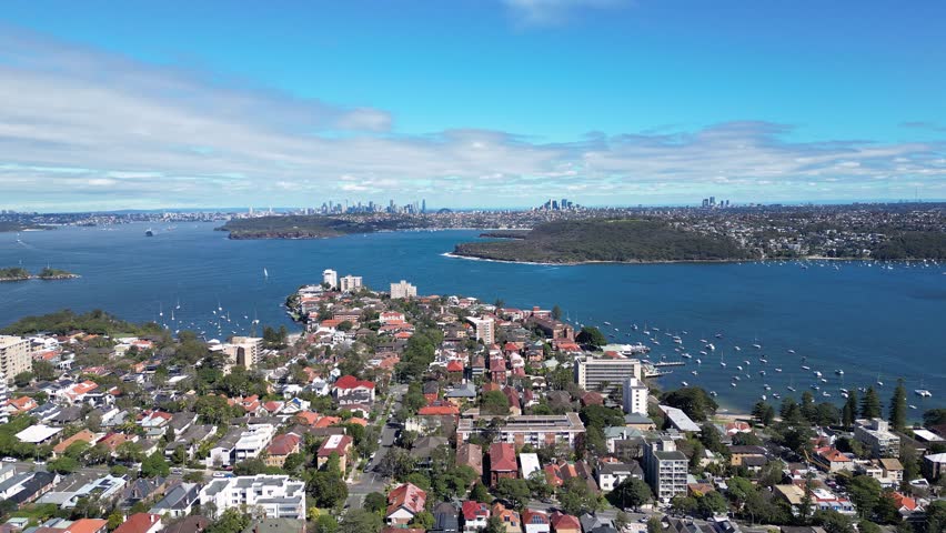 Sydney, Australia: Aerial drone footage of ferry terminal and residential district in Manly beach, Sydney, Australia. Taken on sliding motion