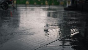 Intense rain cascading down on a damp city pavement, showcasing distorted reflections of towering buildings and people strolling in the hazy backdrop, capturing the evocative essence of city living - Powered by Shutterstock - Get 15% off with code: PIKWIZARD15