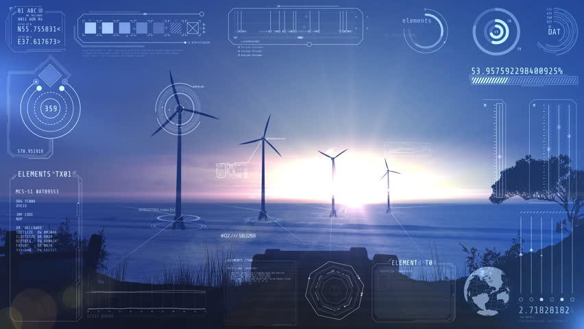 Offshore wind farm at sunset with digital interface showing data and statistics