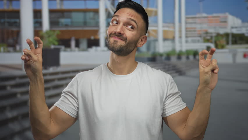 Hispanic young man outdoors in an urban street making air quote gestures, expressing sarcastic disbelief in a casual white t-shirt against a blurred city background.