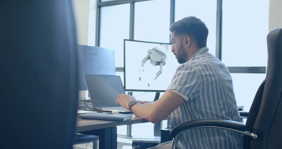 Developer launching laptop debugging code while 3D model and terminal overlay scrolling reflecting. Technology, innovation, programming, futurism, workspace, concentration, modern