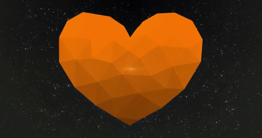 Bright low-poly heart appearing in starfield at start rotating slowly, highlighting shifting facets. Geometric, abstract, futuristic, space, luminous, dynamic, sci-fi