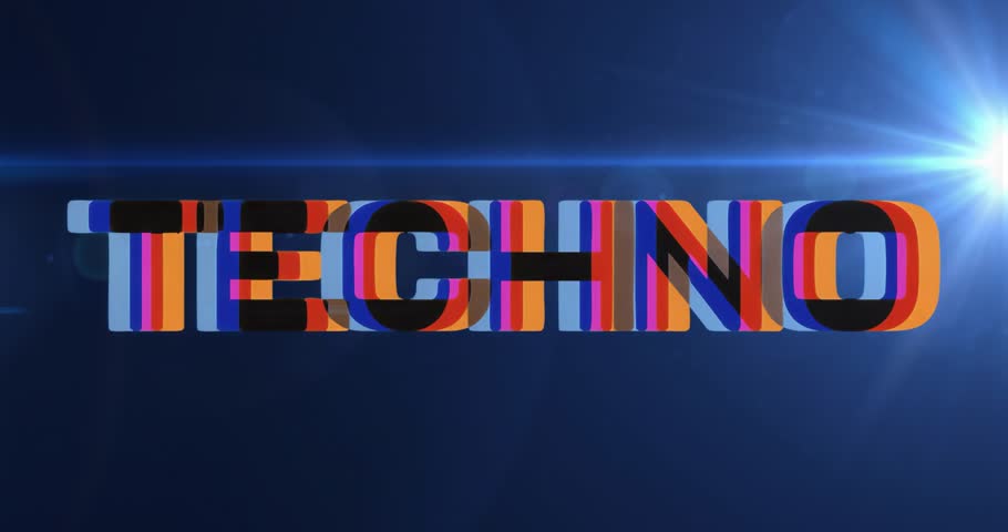 Timed glitch starting splitting and merging 3D TECHNO text while lens flare fueling techno pulse. Futuristic, vibrant, digital, abstract, motion, neon, cyber