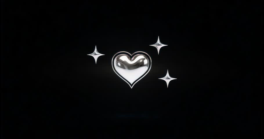 Glowing silver heart flipping and rotating amid sparkles with pulsing golden flare accenting glow. Romantic, elegance, shimmer, celestial, futuristic, tech-inspired, minimalistic