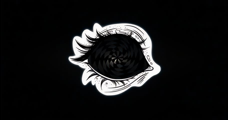 Upon startup eye graphic reversing, flashing, slowing with moving lens flare creating hypnotic vibe. Abstract, hypnotic, futuristic, dynamic, digital, monochrome, motion