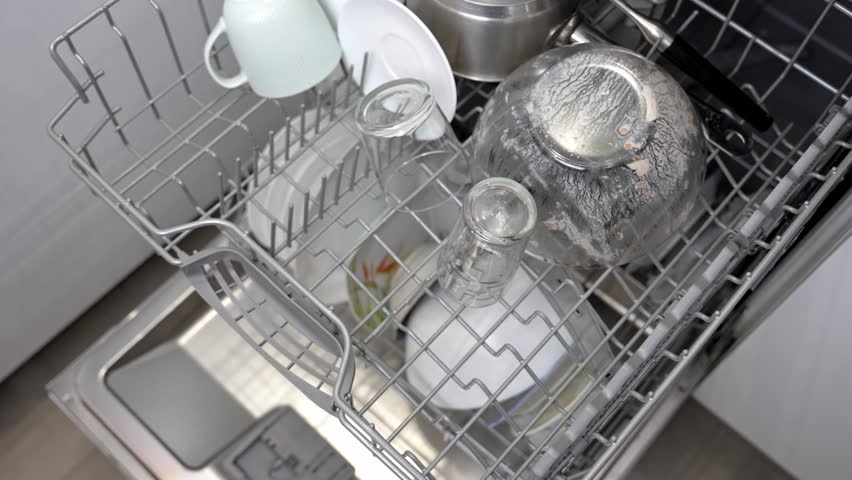 A person places delicate glassware into a dishwasher, showcasing the ease of cleaning while enjoying a tidy kitchen. This efficient routine highlights modern convenience in daily chores.