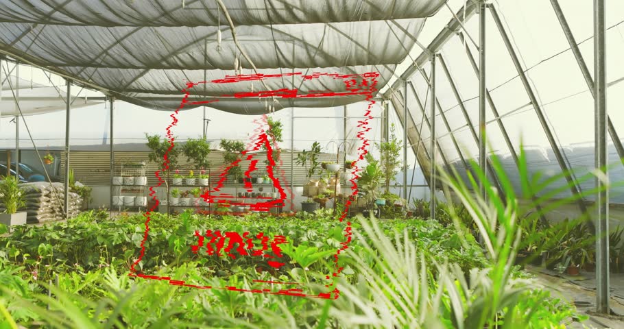 Greenhouse view triggers virus alert fading in, glitching, tilting and dissolving to reveal plants. Plantings, innovation, glitch art, technology, sustainability, digital disturbance, horticulture