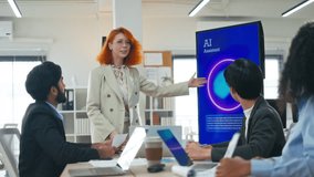 Diverse creative team use Ai Assistant (artificial intelligence assistant) on AI-assisted display for Marketing Data Analyst meeting at office.Coding team,develop Ai Assistant,business brainstorming - Powered by Shutterstock - Get 15% off with code: PIKWIZARD15