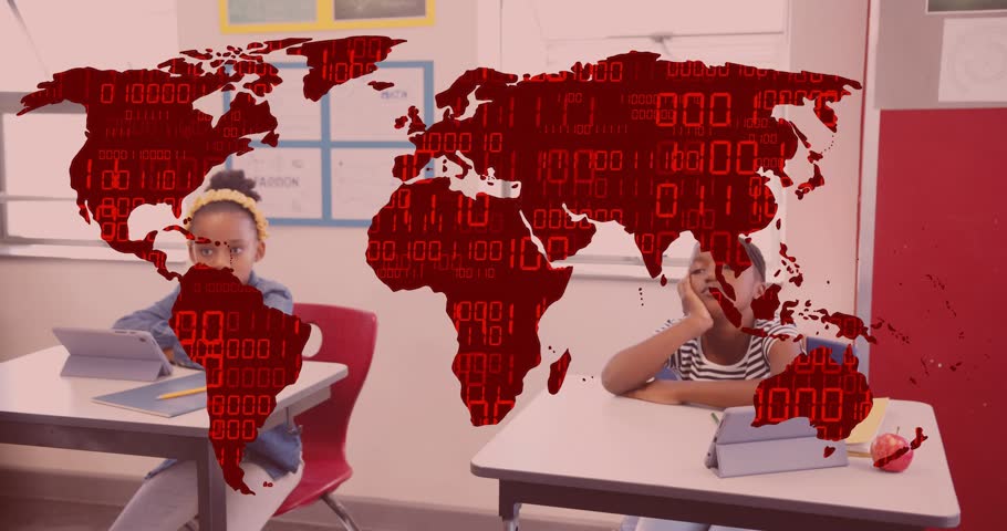 By sliding hand across desk, student activating map overlay inspiring peer interest in classroom. Education, collaboration, digital learning, childhood, curiosity, teamwork, innovation
