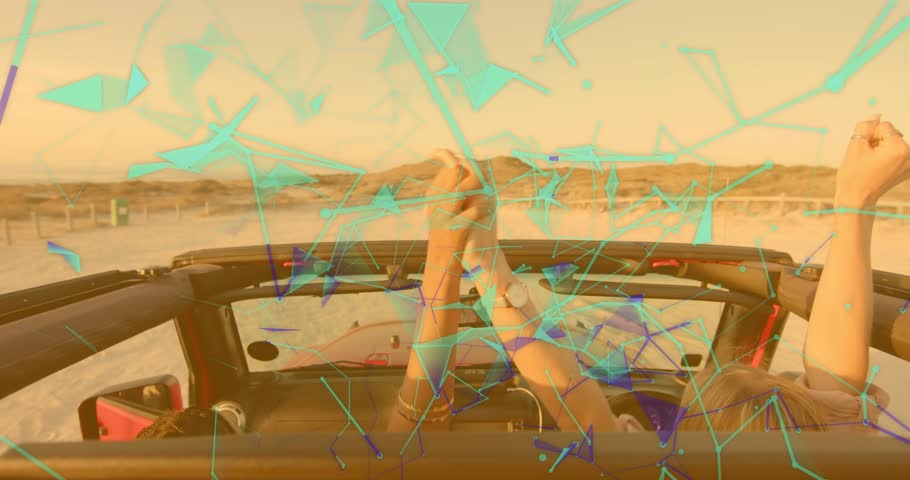 Friends in car dancing to music raising hands on coastal road with drifting polygons marketing. Adventure, freedom, celebration, vibrant, summertime, seaside, movement