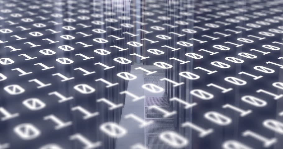 Starting binary digits filling frame, camera panning upward revealing 3D bar grid visualizing data. Digital, technology, visualization, futuristic, abstract, innovation, ultra-modern