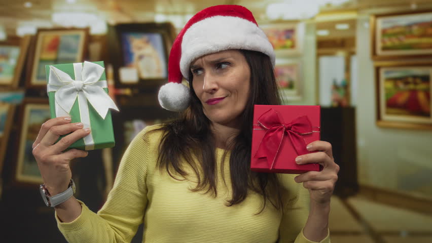 Young hispanic woman in santa hat holds christmas gifts in an art gallery setting, capturing a festive and creative holiday spirit with colorful background paintings indoors.