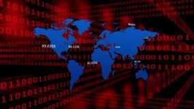 Scrolling red binary starting grid appearing, blue world map fading, labels updating showing data. Technology, data, analytics, visualization, digital, interface, network - Powered by Shutterstock - Get 15% off with code: PIKWIZARD15