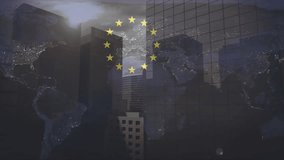 Gold stars fading in over Europe map, shifting into EU circle and intensifying skyline lights glow. Digital, skyline, illumination, modern, metropolis, conceptual, futuristic - Powered by Shutterstock - Get 15% off with code: PIKWIZARD15