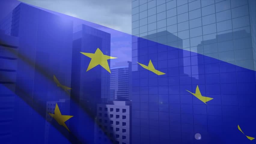 Scene showing translucent EU flag drifting across urban skyline, revealing glass skyscrapers behind. Patriotism, diplomacy, urban, corporate, modern, economic, innovation
