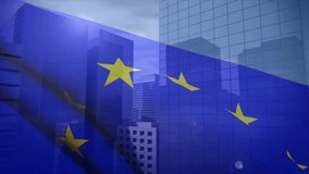 Scene showing translucent EU flag drifting across urban skyline, revealing glass skyscrapers behind. Patriotism, diplomacy, urban, corporate, modern, economic, innovation - Powered by Shutterstock - Get 15% off with code: PIKWIZARD15