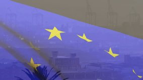 Left-edge sweeping EU flag overlay rippling above hazy coastal port skyline illustrating unity. Patriotism, globalization, corporate, urban, symbolic, modern, economic - Powered by Shutterstock - Get 15% off with code: PIKWIZARD15