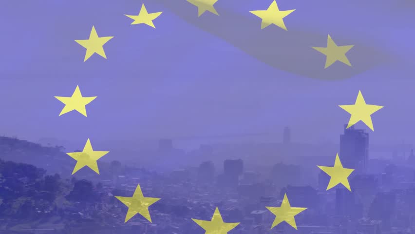 ring of twelve yellow stars encircling white Europe map representing unity over city skyline. Convergence, harmony, cohesion, geopolitical, civic, emblematic, digital