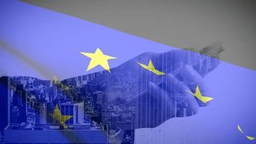 EU flag overlaying city skyline, stars drifting and hands swiping phone screen showing connection. Urban, technology, connectivity, digital, modern, communication, corporate - Powered by Shutterstock - Get 15% off with code: PIKWIZARD15