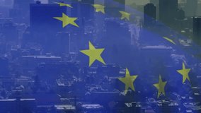 Opening hazy skyline gold stars fading rotating into ring blue layer expanding revealing EU emblem. Financial district, corporate, modern, architecture, government, policy, international - Powered by Shutterstock - Get 15% off with code: PIKWIZARD15