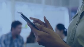 Woman's hands tapping smartphone and launching business network interface with rotating user icons. Technology, connectivity, innovation, digital, communication, networking, business - Powered by Shutterstock - Get 15% off with code: PIKWIZARD15