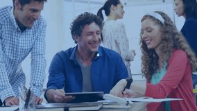 Colleagues discussing tablet data starting technology network expanding across smartwatch and table. Collaboration, teamwork, connectivity, innovation, digital, modern, workplace - Powered by Shutterstock - Get 15% off with code: PIKWIZARD15