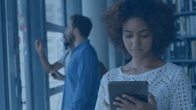 Woman tapping tablet and initiating network visualization for business planning with sticky notes. Collaboration, innovation, digital, connectivity, brainstorm, strategy, modern - Powered by Shutterstock - Get 15% off with code: PIKWIZARD15