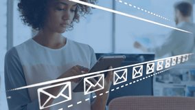 Female worker tapping tablet in business expanding SOC into NETWORK showing network with mail icons. Technology, collaboration, communication, modern, workplace, digital, professional - Powered by Shutterstock - Get 15% off with code: PIKWIZARD15