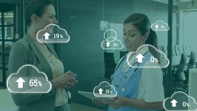 Manager tapping tablet and showing medical cloud icons while nurse and doctor reviewing metrics. Healthcare, teamwork, data visualization, professionalism, digital interface, collaboration, modern - Powered by Shutterstock - Get 15% off with code: PIKWIZARD15