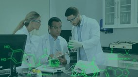 Scientists clustering in tech lab recording and inspecting green flask as overlay drifting, pulsing. Research, innovation, collaboration, science, experimentation, data, technology - Powered by Shutterstock - Get 15% off with code: PIKWIZARD15