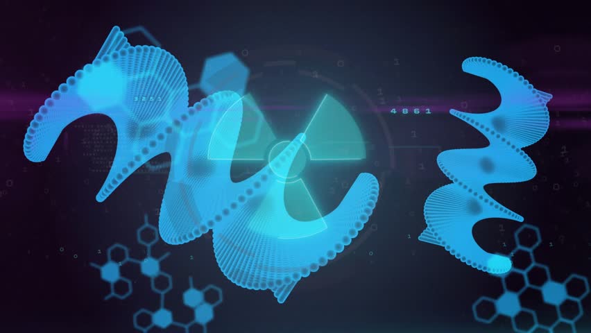 Pulse waveform scrolling starting code overlaying ribbons while radiation symbol flashing green. Futuristic, digital, technology, cybersecurity, scientific, abstract, innovation - Powered by Shutterstock - Get 15% off with code: PIKWIZARD15