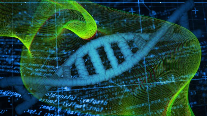 Neon green waveform appearing lower left, weaving through rotating 3D helix showing DNA data flow. Futuristic, abstract, technology, digital, visualization, science, innovation - Powered by Shutterstock - Get 15% off with code: PIKWIZARD15