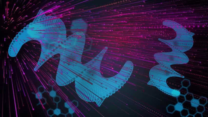 At start glowing helix radiating pink particles drifting right revealing ribbon showing code lines. Futuristic, abstract, digital, neon, geometric, dynamic, technology - Powered by Shutterstock - Get 15% off with code: PIKWIZARD15