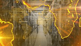Glowing map fading over static server racks and morphing into rotating globe illustrating data flow. Technology, networking, data, cybersecurity, digital, innovation, connectivity - Powered by Shutterstock - Get 15% off with code: PIKWIZARD15
