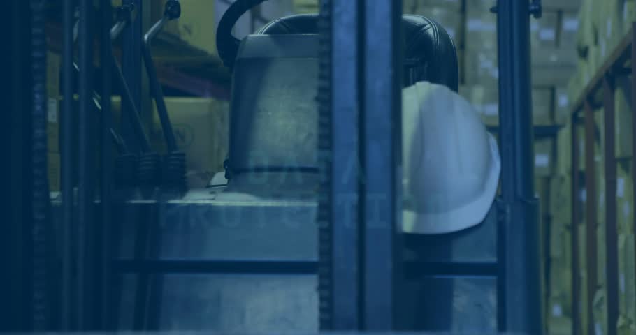 Frame fade-in initiating data protection HUD on forklift cabin, expanding and rotating for security. Industrial, warehouse, logistics, technology, security, digital, precision