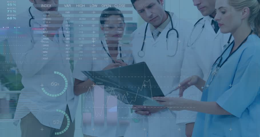 Nurse holding slide with pie charts and line graphs animating around doctors analyzing medical data. Medical teamwork, data visualization, clinical collaboration, healthcare analytics, digital