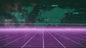 Upon magenta grid glowing, neon bar stretching, data displaying with map forming, globe rotating. Futuristic, digital, technology, data, visualization, holographic, abstract - Powered by Shutterstock - Get 15% off with code: PIKWIZARD15