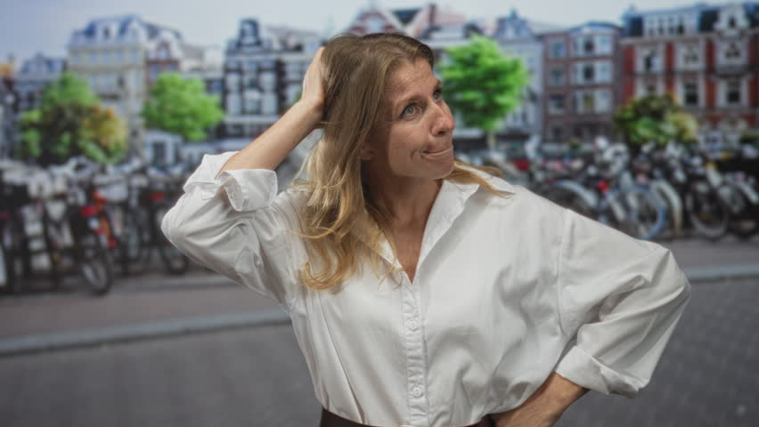Woman touching hair and raising hands on street with parked bicycles and city buildings; curiosity choice.