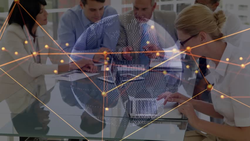 Digital globe animating initiating business team analyzing network lines for insights. Technology, teamwork, innovation, corporate, digital, communication, data - Powered by Shutterstock - Get 15% off with code: PIKWIZARD15