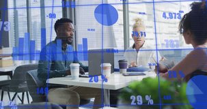 Meeting starting conference room showing colleagues launching animated business charts over laptops. Professional, collaboration, workplace, innovation, data visualization, corporate, modern - Powered by Shutterstock - Get 15% off with code: PIKWIZARD15