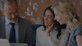 Camera revealing team reviewing laptop at office meeting floating network icons around paper. Collaboration, networking, teamwork, modern, innovation, communication, business - Powered by Shutterstock - Get 15% off with code: PIKWIZARD15