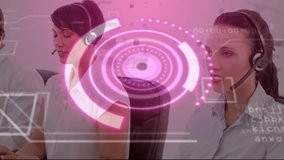 Call center agents typing keys activating pink HUD rotation while speaking for customer support. Professional, communication, technology, modern, teamwork, productivity, digital - Powered by Shutterstock - Get 15% off with code: PIKWIZARD15