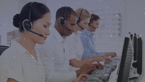 Call center agents typing and speaking while activating circuit and radar overlay for analytics. Technology, teamwork, communication, data, productivity, modern, collaboration - Powered by Shutterstock - Get 15% off with code: PIKWIZARD15