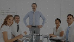 Businessman holding tablet initiating animated network visualization over table colleagues nodding. Collaboration, teamwork, digital, innovation, corporate, networking, office - Powered by Shutterstock - Get 15% off with code: PIKWIZARD15