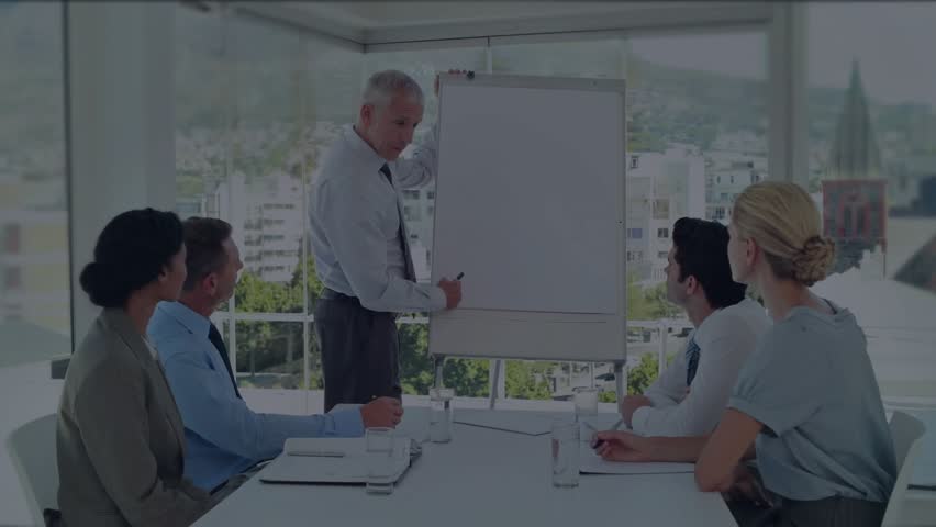 Presenter making mark on flipchart drawing diagram while tech icons floating for business meeting. Corporate, teamwork, innovation, mentorship, brainstorming, modernity, collaboration