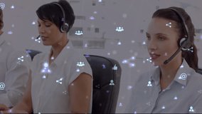 Call center agents typing pulsing social media icons indicating engagement agent speaking smiling. Customer service, communication, technology, teamwork, professional, digital, corporate - Powered by Shutterstock - Get 15% off with code: PIKWIZARD15