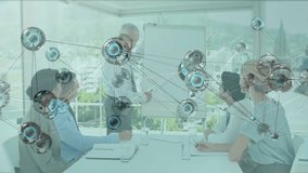 Presenter uncapping marker and initiating network overlay while sketching diagram for business team. Collaboration, teamwork, innovation, communication, corporate, professional, brainstorming - Powered by Shutterstock - Get 15% off with code: PIKWIZARD15