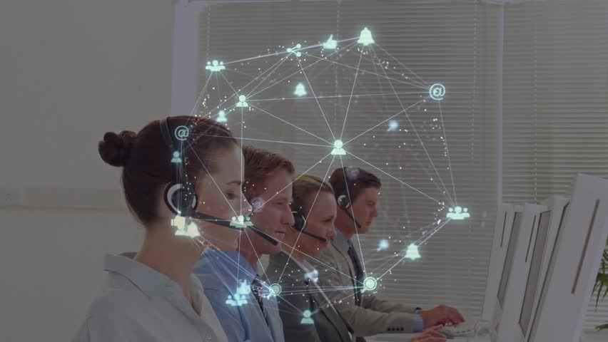 Customer service agents typing as 3D network fading and pulsing showing digital connectivity. Collaboration, communication, technology, office, convergence, networking, professionalism - Powered by Shutterstock - Get 15% off with code: PIKWIZARD15