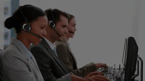 Three call center agents typing and speaking as network overlay triggers icons visualizing alerts. Technology, communication, teamwork, digital, professional, modern, customer service - Powered by Shutterstock - Get 15% off with code: PIKWIZARD15