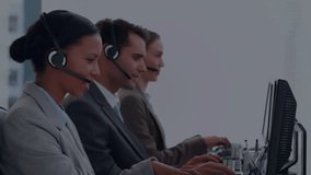 Call center agents typing into headsets causing green health icons drifting and forming network. Technology, communication, teamwork, digital, professional, collaboration, network - Powered by Shutterstock - Get 15% off with code: PIKWIZARD15